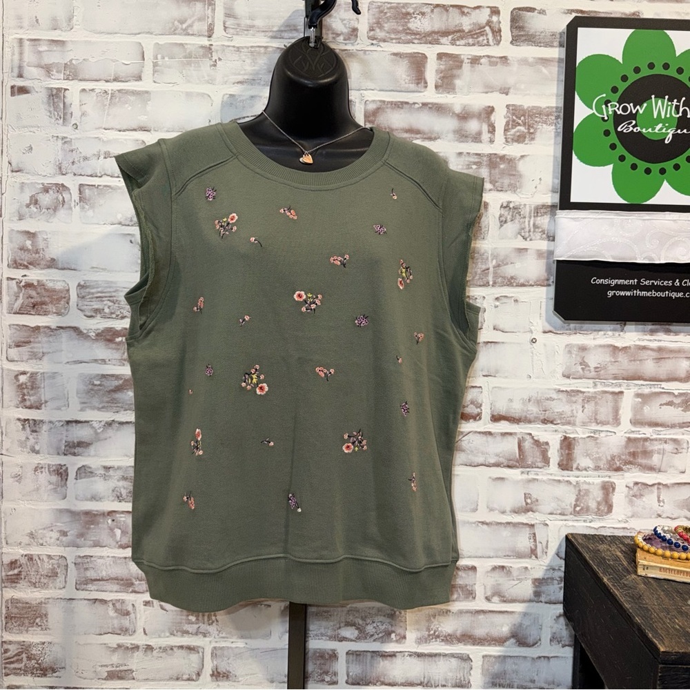 Women's Olive Green Floral Embroidered Sleeveless Sweatshirt